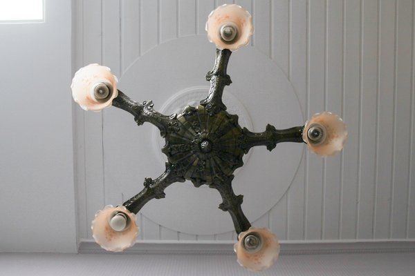 Art Deco Five-Light Bronze and Glass Floral Motif Chandelier, 1920s-KEG-1122994