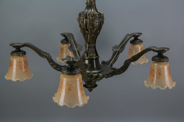 Art Deco Five-Light Bronze and Glass Floral Motif Chandelier, 1920s-KEG-1122994