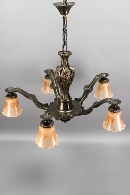 Art Deco Five-Light Bronze and Glass Floral Motif Chandelier, 1920s-KEG-1122994