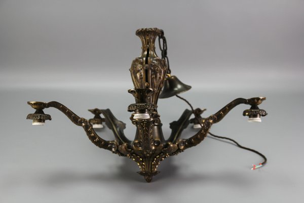 Art Deco Five-Light Bronze and Glass Floral Motif Chandelier, 1920s-KEG-1122994