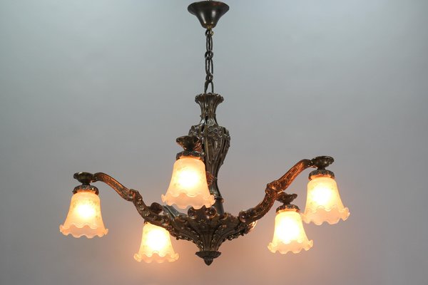 Art Deco Five-Light Bronze and Glass Floral Motif Chandelier, 1920s-KEG-1122994