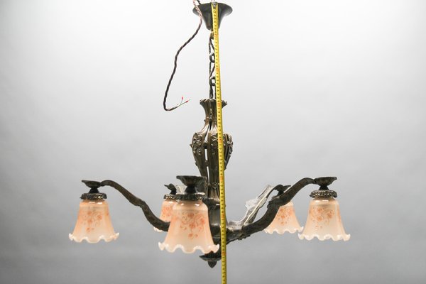 Art Deco Five-Light Bronze and Glass Floral Motif Chandelier, 1920s-KEG-1122994