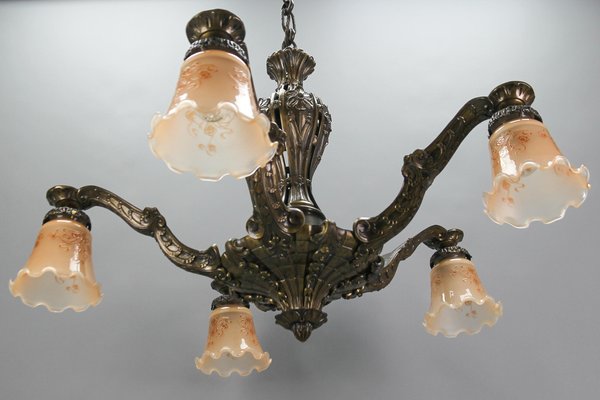 Art Deco Five-Light Bronze and Glass Floral Motif Chandelier, 1920s-KEG-1122994