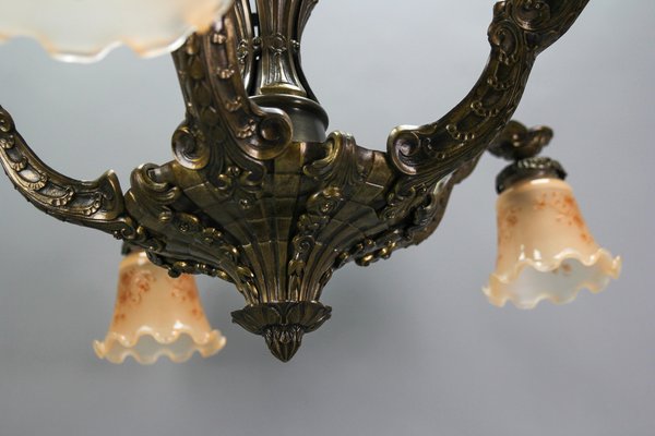 Art Deco Five-Light Bronze and Glass Floral Motif Chandelier, 1920s-KEG-1122994