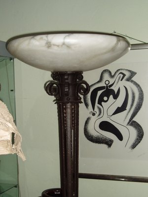 Art Déco Floor Lamp in Wrought Iron with Alabaster Bowl-XHV-1180676