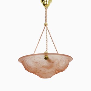 Art Deco Floral Basin Pendant Lamp in Pink Glass Paste, 1930s-MZP-2023633