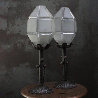 Art Deco French Brass Frosted Cut Glass Ceiling Lamps, 1920s, Set of 2-BLS-2016412