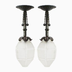 Art Deco French Brass Frosted Cut Glass Ceiling Lamps, 1920s, Set of 2-BLS-2016412