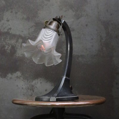 Art Deco French Cast Iron & Frosted Glass Table Light, 1920s-BLS-2016417