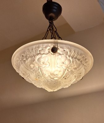 Art Deco French Ceiling Lamp with Matt Pressed Glass Lampshade with Floral Decoration on Brass Mount by Degue, 1930s-HOI-2043202