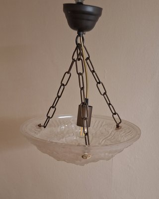 Art Deco French Ceiling Lamp with Matt Pressed Glass Lampshade with Floral Decoration on Brass Mount by Degue, 1930s-HOI-2043202