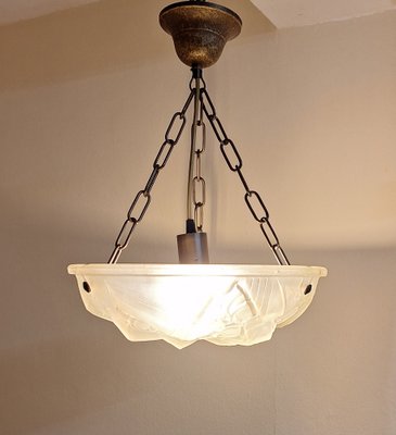 Art Deco French Ceiling Lamp with Matt Pressed Glass Shade & Floral Decoration on Brass Mount by J. Mougin-HOI-2043210