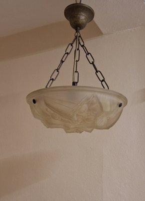 Art Deco French Ceiling Lamp with Matt Pressed Glass Shade & Floral Decoration on Brass Mount by J. Mougin-HOI-2043210