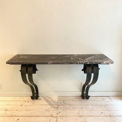 Art Deco French Console Table in Forged Metal and Marble by Raymond Subes, 1925-FB-1000216