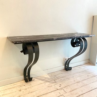 Art Deco French Console Table in Forged Metal and Marble by Raymond Subes, 1925-FB-1000216