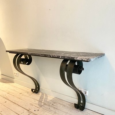 Art Deco French Console Table in Forged Metal and Marble by Raymond Subes, 1925-FB-1000216