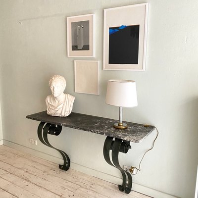 Art Deco French Console Table in Forged Metal and Marble by Raymond Subes, 1925-FB-1000216