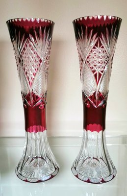 Art Deco French Cut and Grinded Lead Crystal Vases in the Style of Saint Louis, Set of 2-QRS-1314918