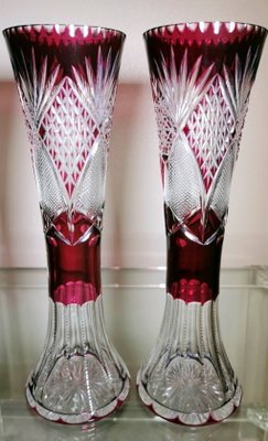 Art Deco French Cut and Grinded Lead Crystal Vases in the Style of Saint Louis, Set of 2-QRS-1314918