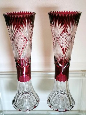 Art Deco French Cut and Grinded Lead Crystal Vases in the Style of Saint Louis, Set of 2-QRS-1314918