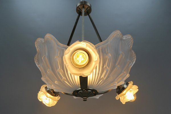 Art Deco French Four-Light White Frosted Glass Shell Ceiling Lamp, 1930s-KEG-1403881