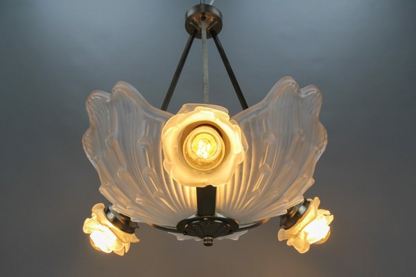 Art Deco French Four-Light White Frosted Glass Shell Ceiling Lamp, 1930s-KEG-1403881