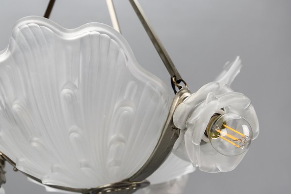 Art Deco French Four-Light White Frosted Glass Shell Ceiling Lamp, 1930s-KEG-1403881