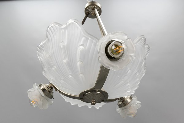 Art Deco French Four-Light White Frosted Glass Shell Ceiling Lamp, 1930s-KEG-1403881