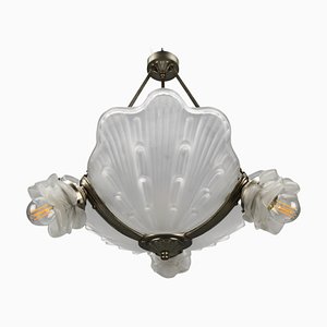 Art Deco French Four-Light White Frosted Glass Shell Ceiling Lamp, 1930s-KEG-1403881