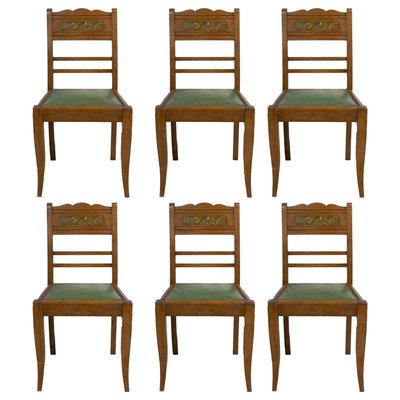 Art Deco French Green Oak Dining Chairs With Stylised Flowers, 1940s, Set of 6-RIU-834196