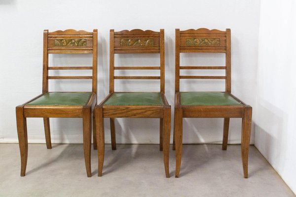 Art Deco French Green Oak Dining Chairs With Stylised Flowers, 1940s, Set of 6-RIU-834196