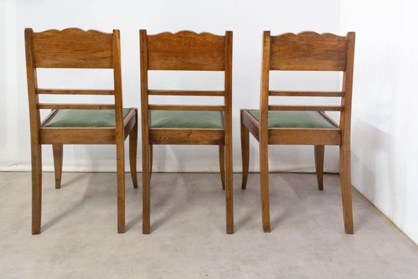 Art Deco French Green Oak Dining Chairs With Stylised Flowers, 1940s, Set of 6-RIU-834196