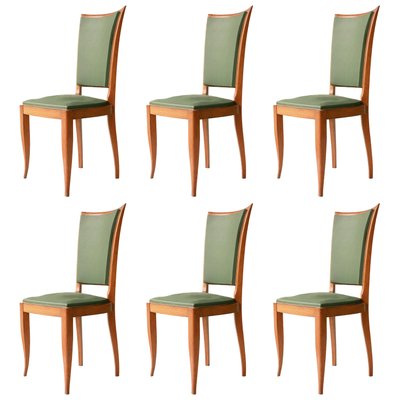 Art Deco French Interwar Green Leatherette & Wood Chairs, 1940, Set of 6-UZ-862997