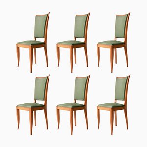 Art Deco French Interwar Green Leatherette & Wood Chairs, 1940, Set of 6-UZ-862997