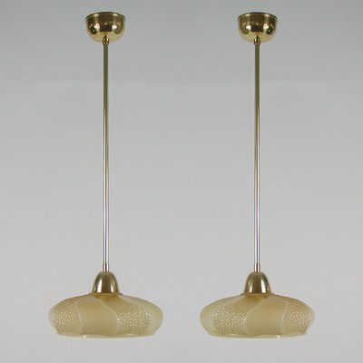 Art Deco French Ivory Colored Opaline Glass Brass Pendants, 1940s, Set of 2-OE-1110722