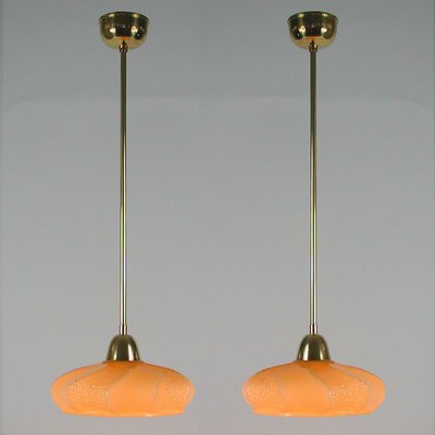 Art Deco French Ivory Colored Opaline Glass Brass Pendants, 1940s, Set of 2-OE-1110722