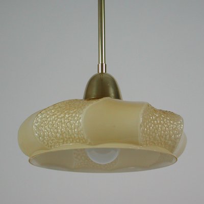 Art Deco French Ivory Colored Opaline Glass Brass Pendants, 1940s, Set of 2-OE-1110722