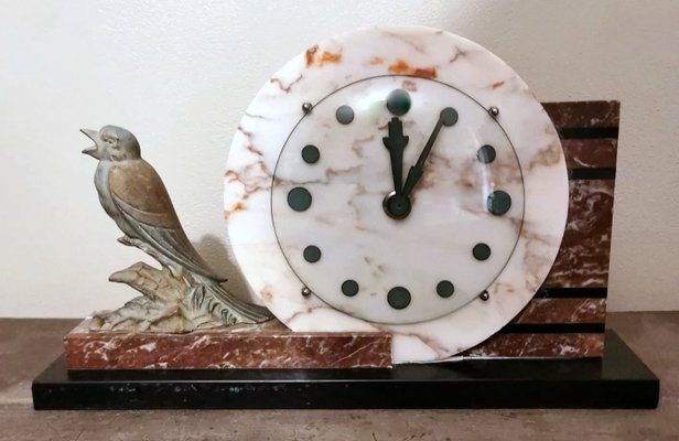 Art Deco French Marble Clock and Bronzed Metal Bird, 1930-QRS-1396827