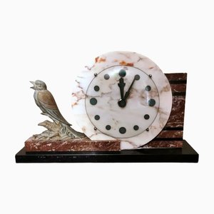 Art Deco French Marble Clock and Bronzed Metal Bird, 1930-QRS-1396827