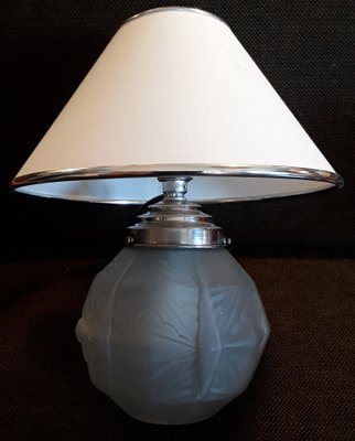 Art Deco French Matted Glass Shade Table Lamp with Chrome Plated Metal Assembly and Cream -Colored Fabric Screen, 1930s-HOI-1311398