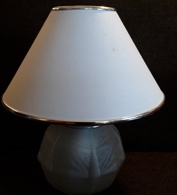 Art Deco French Matted Glass Shade Table Lamp with Chrome Plated Metal Assembly and Cream -Colored Fabric Screen, 1930s-HOI-1311398