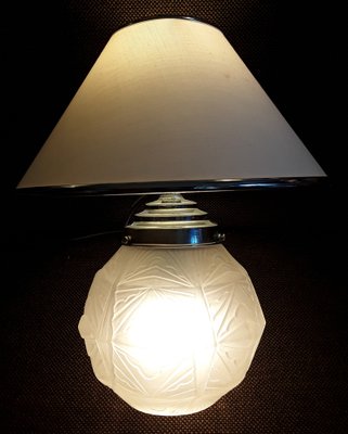 Art Deco French Matted Glass Shade Table Lamp with Chrome Plated Metal Assembly and Cream -Colored Fabric Screen, 1930s-HOI-1311398