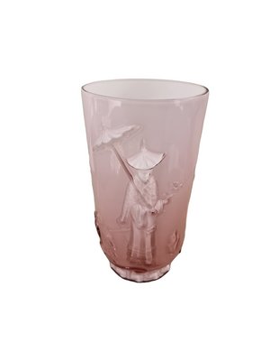 Art Deco French Pink Glass Vase with Chinese Scene in Ombre Effect from Verlys, 1940s-SAK-1785219