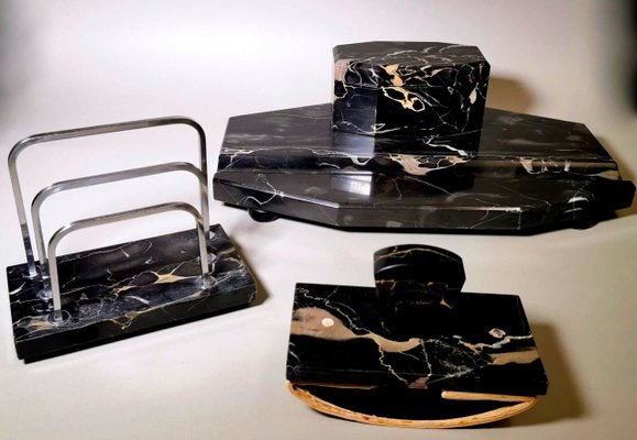 Art Deco French Portoro Marble Desk Set, Set of 3-QRS-1180904