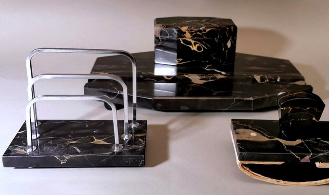 Art Deco French Portoro Marble Desk Set, Set of 3-QRS-1180904