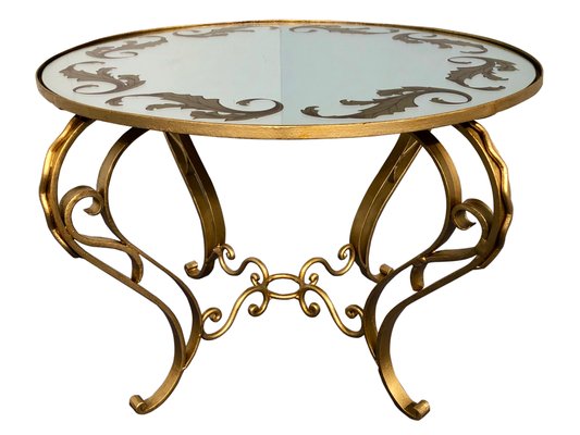 Art Deco French Round Gilded Iron Coffee Table, 1950s-MTX-675637