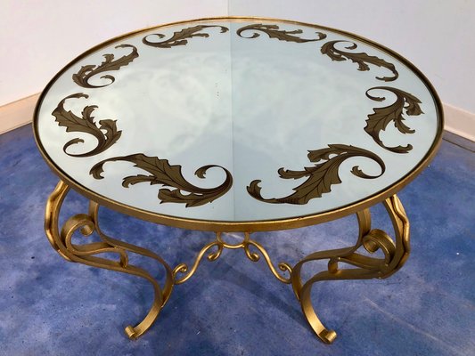 Art Deco French Round Gilded Iron Coffee Table, 1950s-MTX-675637