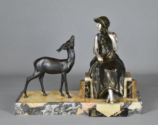 Art Deco French Sculpture of Lady and Gazelle, 1930-CTD-1070297