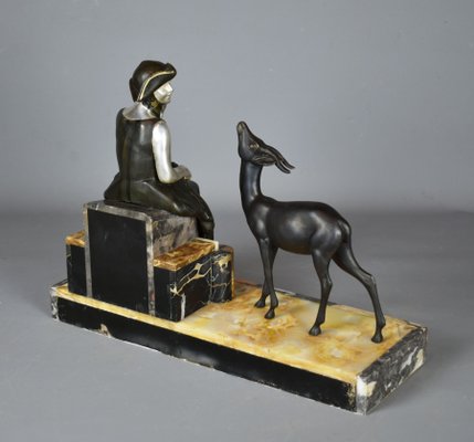 Art Deco French Sculpture of Lady and Gazelle, 1930-CTD-1070297