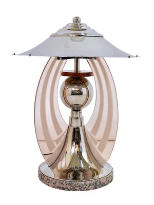 Art Deco FrenchRound Chromed Table Lamp with Rosaline Colored Glass Arches, 1930s-CXC-1750187